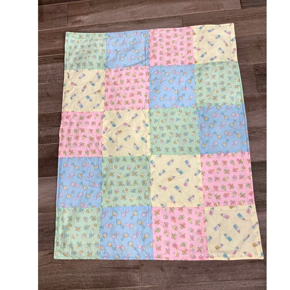 Handmade Baby Quilt 42x33 Pastel Patchwork Rattle Pacifier Bottle Crib Blanket